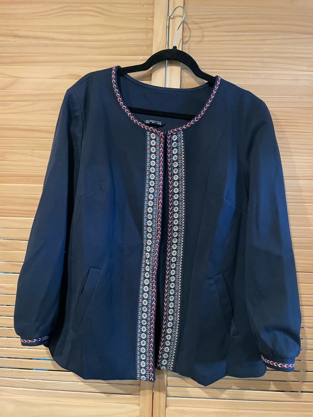 Embroidered Trim Navy Open Jacket